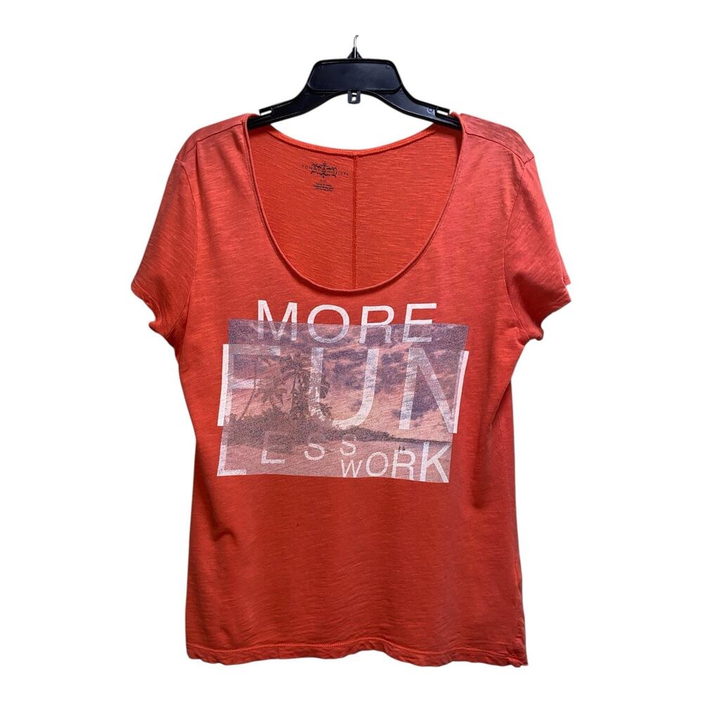 Tommy‎ Hilfiger Women Size Large Graphic Tee T-Shirt Orange “More Fun Less Work”